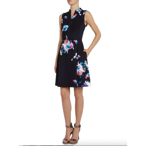 EUC Ellen Tracy Nordstrom Fit and Flare Sz 12 Blue Floral Sleeveless Dress - Picture 3 of 15